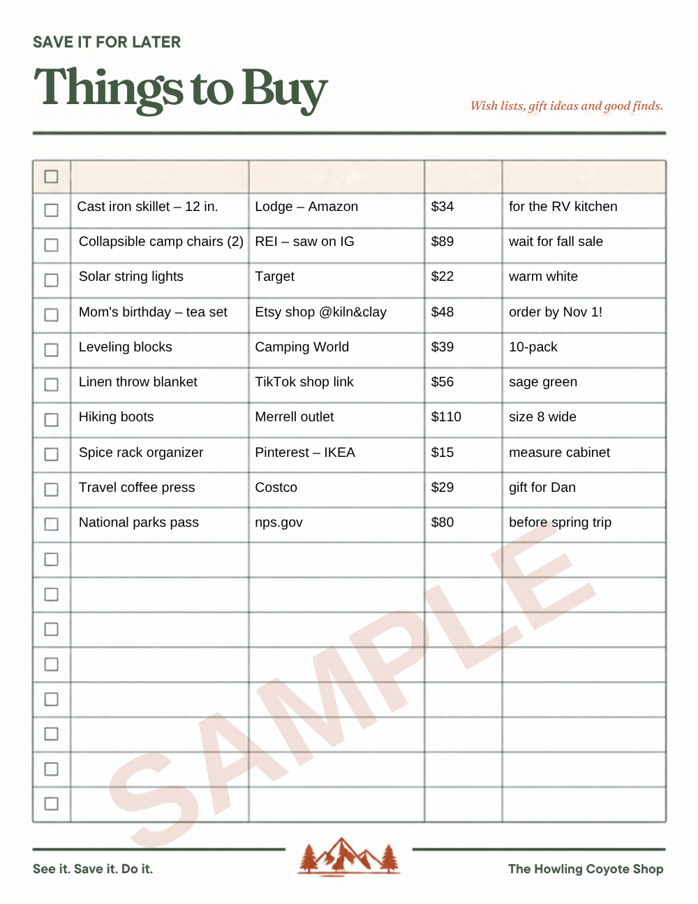 Sample page (filled example): Things to Buy