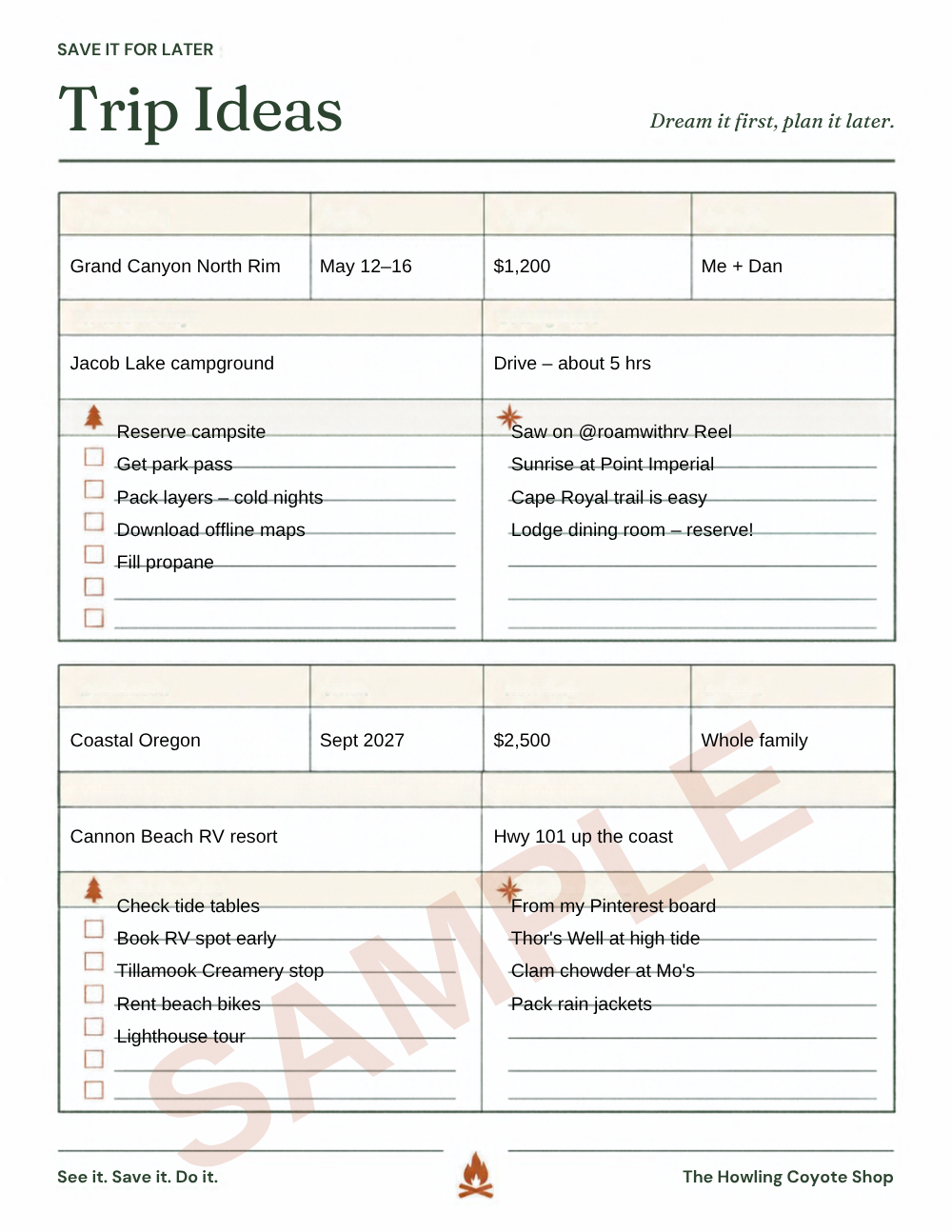 Sample page (filled example): Trip Ideas