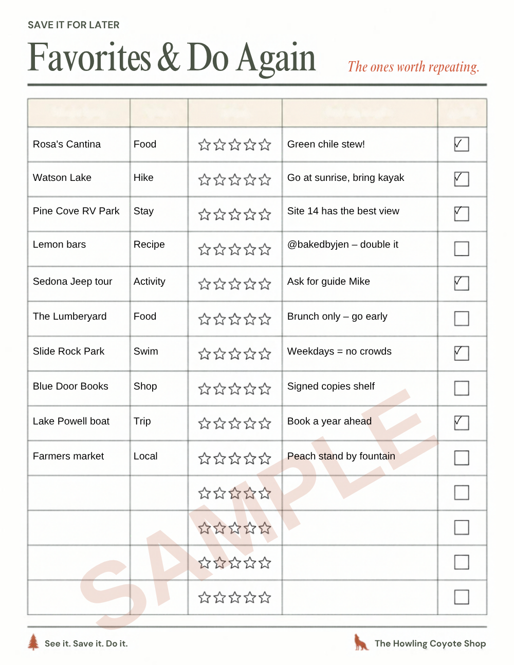 Sample page (filled example): Favorites & Do Again