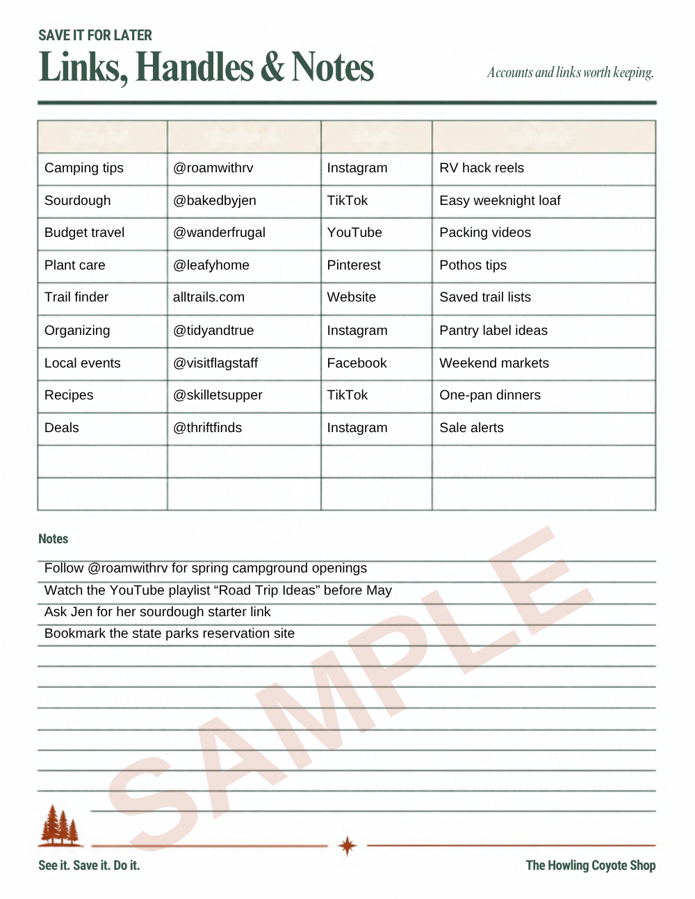 Sample page (filled example): Links, Handles & Notes