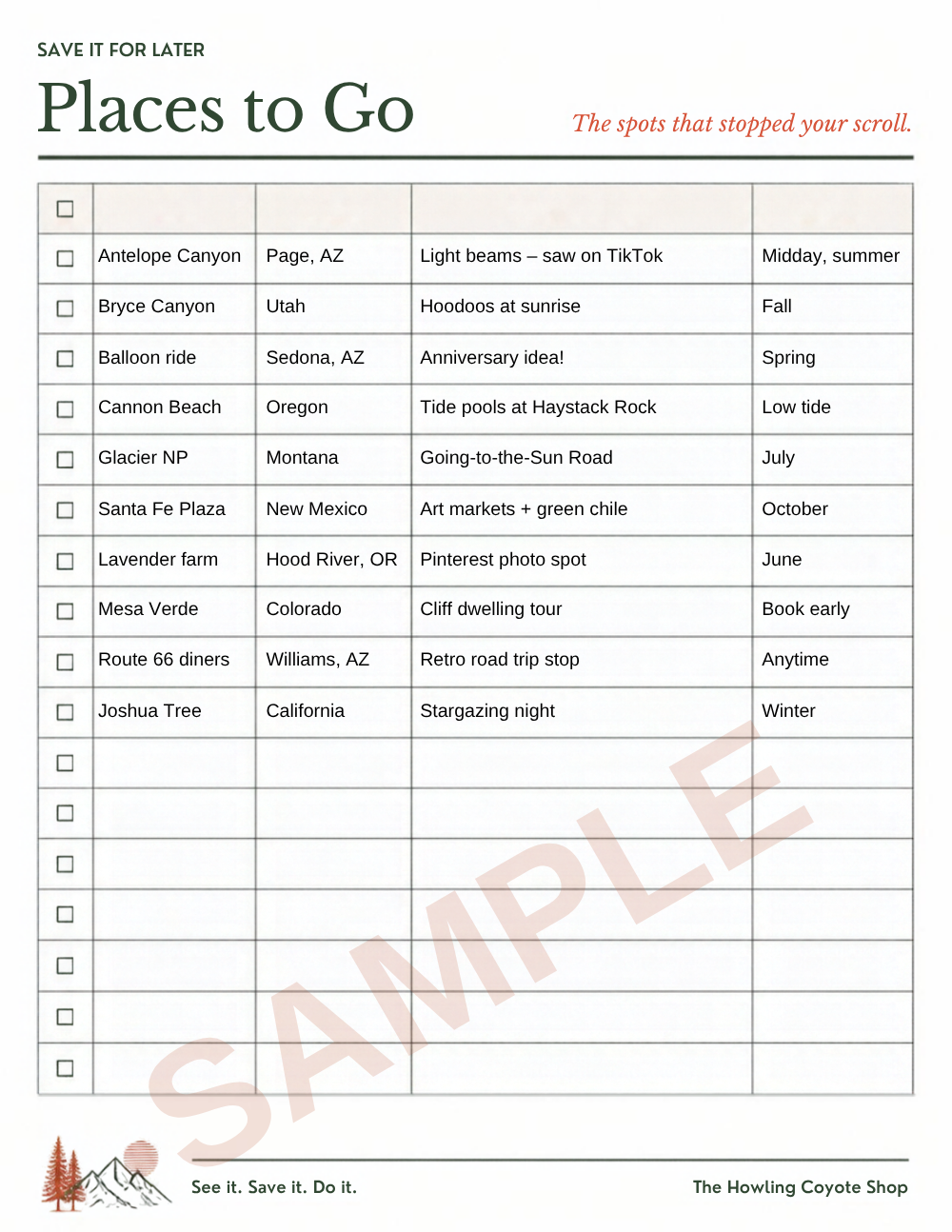 Sample page (filled example): Places to Go