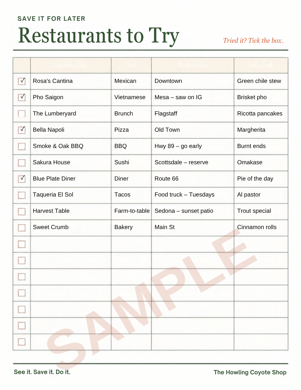 Sample page (filled example): Restaurants to Try