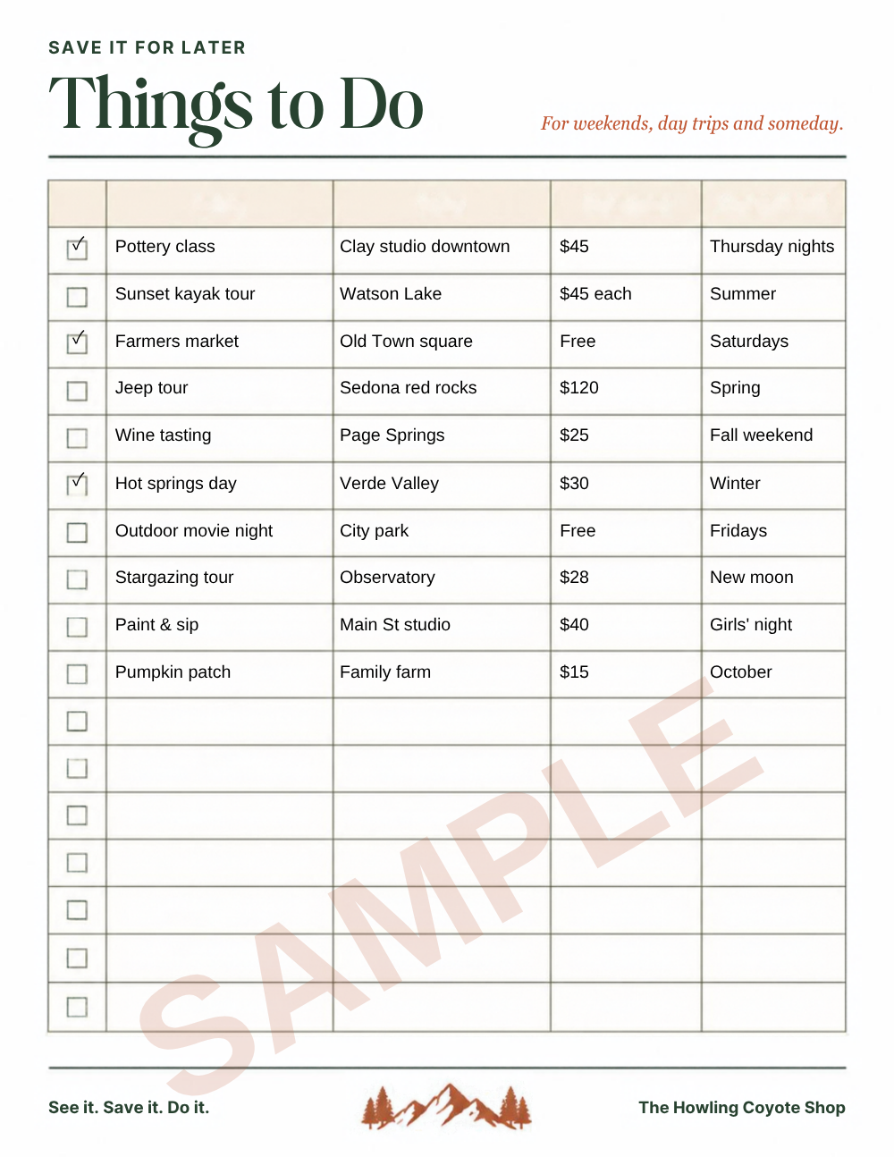 Sample page (filled example): Things to Do