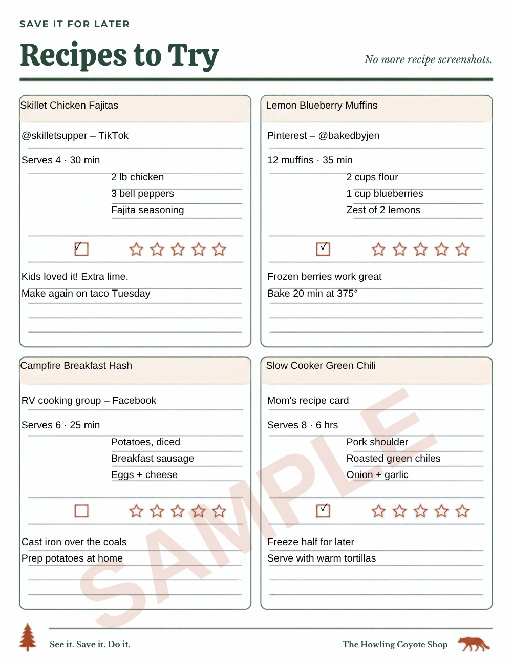 Sample page (filled example): Recipes to Try